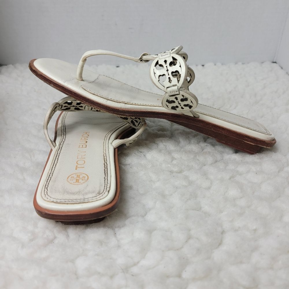 Tory Burch Tiny Miller 10mm Womens Sandals Size 6.5 Ivoiry Calf Leather Thong - Picture 6 of 10